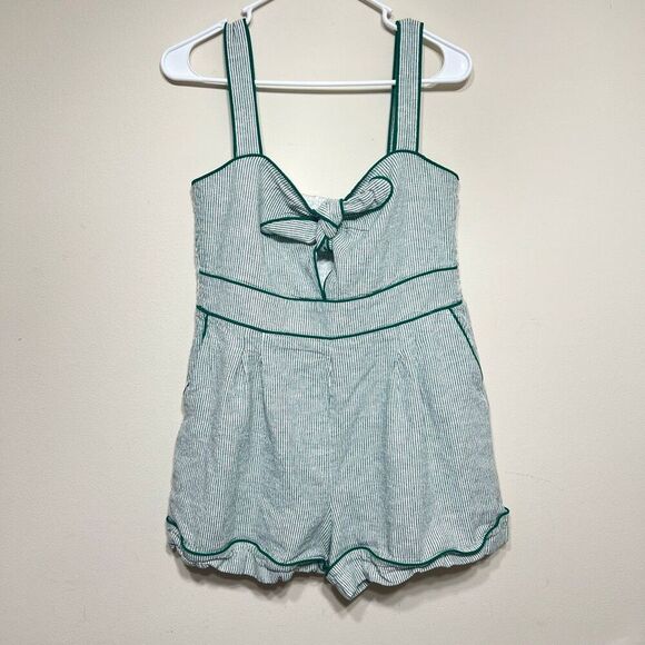 Caroline Constas Green White Striped Romper Large Women Linen Blend